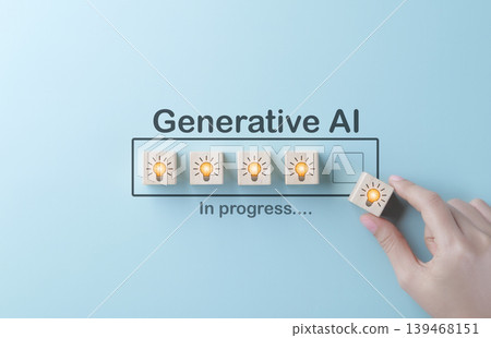 Generative AI progress and creative innovation concept. Hand placing light bulb block into loading bar, showing artificial intelligence development, idea generation, automation, and future technology. Generative AI progress and creative innovation concept. Hand placing light bulb block into loading bar, showing artificial intelligence development, idea generation, automation, and future technology. 139468151