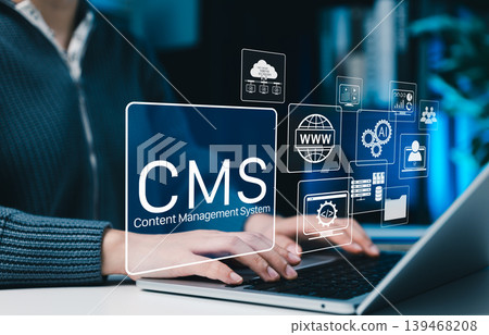 CMS content management system and website automation concept, professional using laptop with icons for web publishing, cloud data, AI tools, software, coding, files, analytics, and digital workflow. CMS content management system and website automation concept, professional using laptop with icons for web publishing, cloud data, AI tools, software, coding, files, analytics, and digital workflow. 139468208