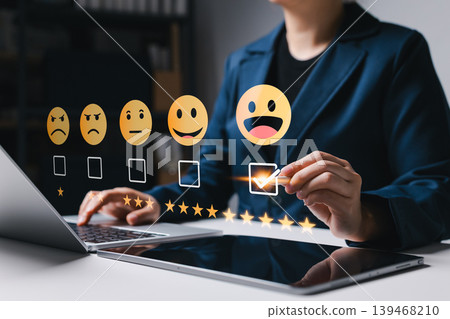 Customer satisfaction rating and feedback survey concept. Person selecting happy emoji with check mark, five-star review, service quality, client experience, excellent score, loyalty online evaluation Customer satisfaction rating and feedback survey concept. Person selecting happy emoji with check mark, five-star review, service quality, client experience, excellent score, loyalty online evaluation 139468210