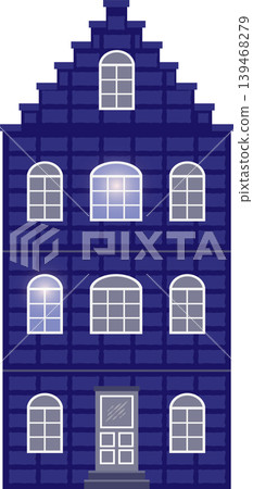 Illustration of a classic European-style building, featuring arched windows and decorative gables, in shade of blue and grey. 139468279