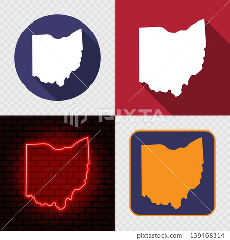 Ohio State Map Icons Set, USA Silhouette Collection in Flat, Minimal and Neon Styles. Ohio State Map Icons Set, USA Silhouette Collection in Flat, Minimal and Neon Styles. 139468314