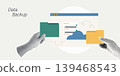 Trendy Halftone Collage of two halftone hands holding folders with cloud storage and a document screen, symbolizing data backup and file management, ideal for technology and IT content. 139468543