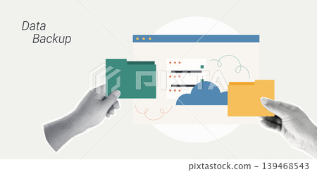 Trendy Halftone Collage of two halftone hands holding folders with cloud storage and a document screen, symbolizing data backup and file management, ideal for technology and IT content. 139468543