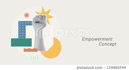Trendy Halftone Collage of a halftone raised fist with a star burst and bold geometric shapes, symbolizing empowerment and strength, ideal for motivation, social, and corporate culture content. 139468544