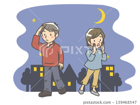 一男一女神情焦慮地尋找夜間在街頭遊蕩的家人;擔心照顧家人。 一男一女神情焦慮地尋找夜間在街頭遊蕩的家人;擔心照顧家人。 139468547