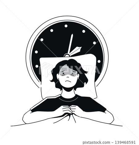 Female with Insomnia - black and white flat design illustration 139468591