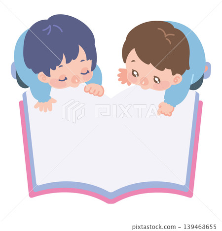 插圖框，描繪了一個幼兒在閱讀圖畫書 139468655