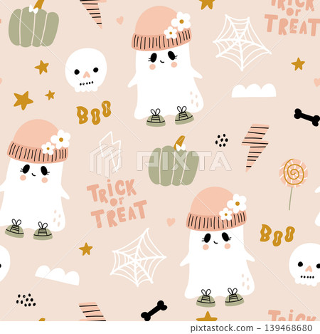 Halloween cartoon seamless pattern . Cute ghosts with pumpkin in hats. Vector illustration. Halloween cartoon seamless pattern . Cute ghosts with pumpkin in hats. Vector illustration. 139468680