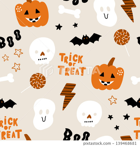 Seamless pattern design with halloween elements. Childish seasonal vector texture. 139468681
