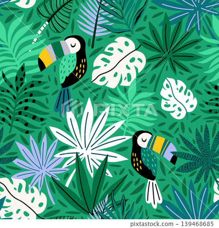 Seamless jungle pattern with leaves and toucan birds. Tropical toucan texture.Vector green summer illustration. Seamless jungle pattern with leaves and toucan birds. Tropical toucan texture.Vector green summer illustration. 139468685