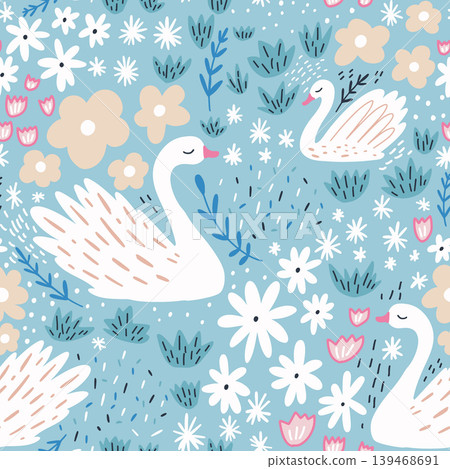 Seamless floral texture with swans and hand drawn flowers and leaves. Creative botanical pattern in vector Seamless floral texture with swans and hand drawn flowers and leaves. Creative botanical pattern in vector 139468691
