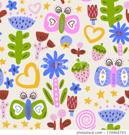 Seamless cartoon botanical texture with abstract flowers,starwberries,hearts, butterfly. Creative kids floral vector texture Seamless cartoon botanical texture with abstract flowers,starwberries,hearts, butterfly. Creative kids floral vector texture 139468703