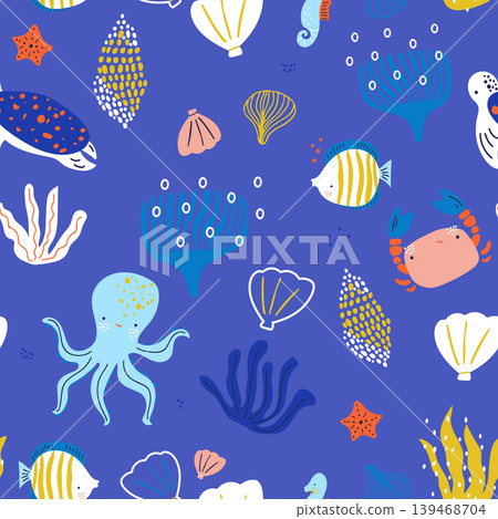 Seamless pattern with cute undersea inhabitants. Creative childish ocean animals background. Perfect for kids apparel,fabric, textile, nursery decoration,wrapping paper.Vector Illustration. Seamless pattern with cute undersea inhabitants. Creative childish ocean animals background. Perfect for kids apparel,fabric, textile, nursery decoration,wrapping paper.Vector Illustration. 139468704