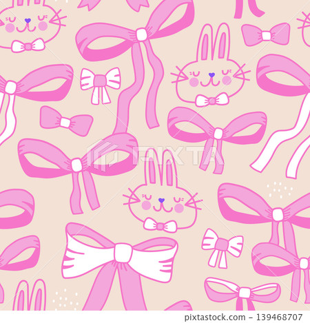 Seamless pattern with cute hand drawn bunnies and bows. Girlish texture with pink and white bows for fabric, textile, apparel. Vector illustration Seamless pattern with cute hand drawn bunnies and bows. Girlish texture with pink and white bows for fabric, textile, apparel. Vector illustration 139468707