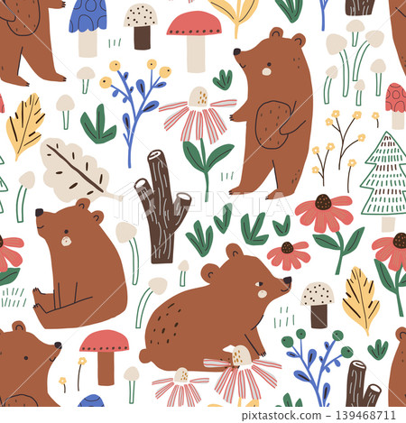 Seamless childish pattern with cute bears in forest. Creative kids forest texture for fabric, wrapping, textile, wallpaper, apparel. Vector illustration Seamless childish pattern with cute bears in forest. Creative kids forest texture for fabric, wrapping, textile, wallpaper, apparel. Vector illustration 139468711