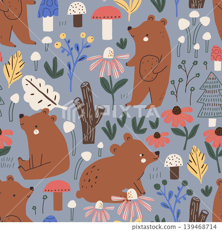 Seamless childish pattern with cute bears in forest. Creative denim kids forest texture for fabric, wrapping, textile, wallpaper, apparel. Vector illustration. Seamless childish pattern with cute bears in forest. Creative denim kids forest texture for fabric, wrapping, textile, wallpaper, apparel. Vector illustration. 139468714