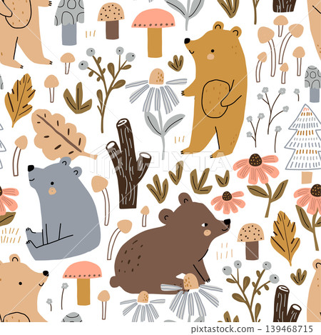 Seamless childish pattern with cute bears in autumn forest. Creative kids forest texture for fabric, wrapping, textile, wallpaper, apparel. Vector illustration. Seamless childish pattern with cute bears in autumn forest. Creative kids forest texture for fabric, wrapping, textile, wallpaper, apparel. Vector illustration. 139468715
