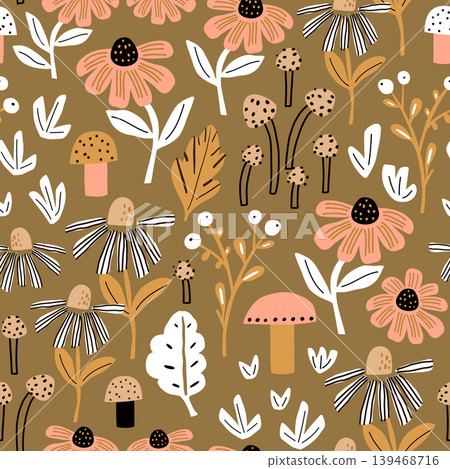 Seamless fall botanical texture with mushroom,flowers, berries,leaves. Floral vector pattern Seamless fall botanical texture with mushroom,flowers, berries,leaves. Floral vector pattern 139468716