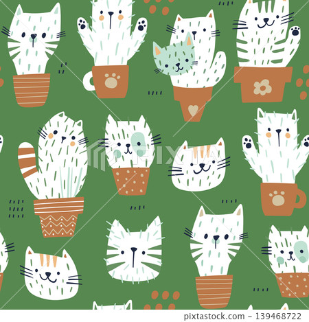 Seamless childish pattern with cute hand drawn cactus cats in pots. Creative kids hand drawn texture for fabric, wrapping, textile, wallpaper, apparel. Vector illustration. 139468722