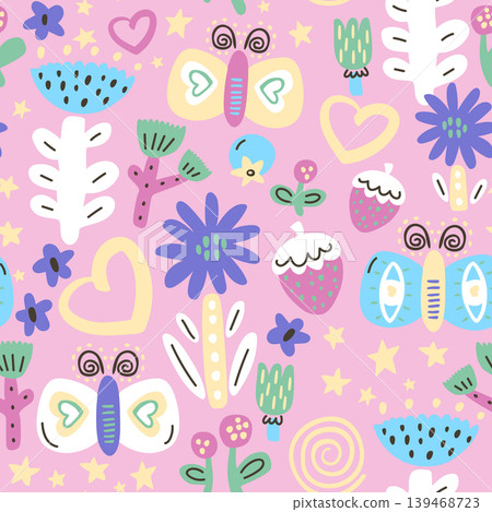Seamless cartoon botanical texture with abstract flowers,starwberries,hearts, butterfly. Creative kids floral vector texture. 139468723