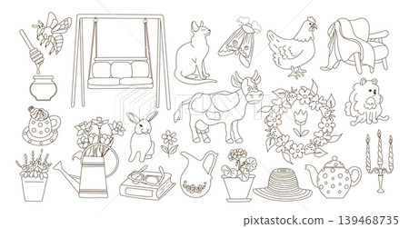 Cottagecore Line Art Set. Dress Goose Flowers Cottagecore Line Art Set. Dress Goose Flowers 139468735