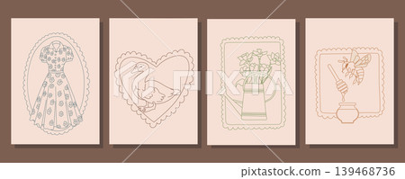 Cottagecore Line Art Set. Dress Goose Flowers Cottagecore Line Art Set. Dress Goose Flowers 139468736