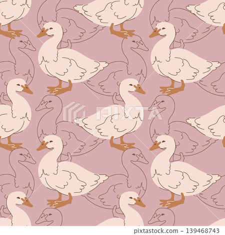 Cottagecore Geese Pattern. Pink Background Farm Birds Cottagecore Geese Pattern. Pink Background Farm Birds 139468743