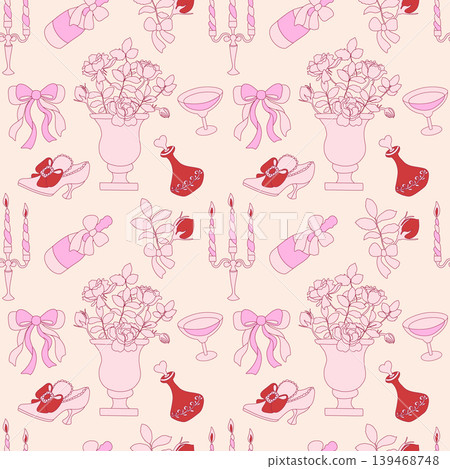 Coquette Rococo Pattern. Roses Champagne Perfume Coquette Rococo Pattern. Roses Champagne Perfume 139468748