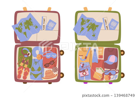 Open Suitcases Packing. Top View Travel Open Suitcases Packing. Top View Travel 139468749
