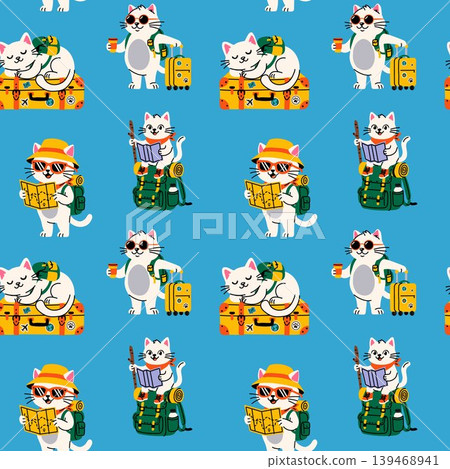 Kawaii Travel Cats with Suitcases and Backpacks Pattern Kawaii Travel Cats with Suitcases and Backpacks Pattern 139468941