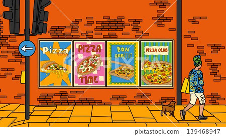 Cartoon City Sidewalk with Pizza Posters and Pedestrian 139468947