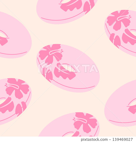 Seamless Pattern with Pink Hibiscus Flower Swim Rings. Tropical Summer Background 139469027