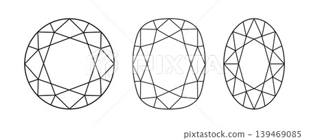 Circle, Cushion, Oval diamond cut shape set. Gemstone outline pattern for jewellery design, branding, packaging, logotype. Circle, Cushion, Oval brilliant cut icon. Diamond top view. Design diagram. Circle, Cushion, Oval diamond cut shape set. Gemstone outline pattern for jewellery design, branding, packaging, logotype. Circle, Cushion, Oval brilliant cut icon. Diamond top view. Design diagram. 139469085
