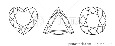 Cushion, Heart, Trillion diamond cut shape icon. Brilliant Cushion, Heart, triangular modified cut pattern. Precious gemstone outline sample for jewellery design, branding, packaging, logo, web, app. 139469088