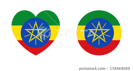 Ethiopia flag round, heart icon, sticker set. National flag of Ethiopia heart, circle badge, symbol, banner. Ethiopia flag button, sign, background. 139469089