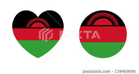 Flag of Republic Malawi badge, button. Set of Malawi flag circle, heart sticker, banner. Flag of Malawi round, heart symbol, icon, background. 139469090