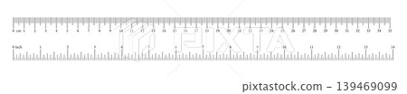 Measuring chart with 35 centimeters, 14 inches. Ruler scale with numbers mockup. Length measurement math, distance, height template. Sewing tool sample. Metric, imperial units. 139469099