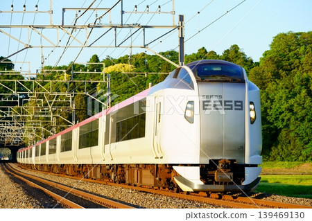 The Narita Express runs bathed in slanted sunlight. 139469130