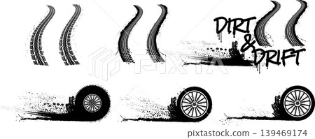 Automotive grunge elements with tire tracks wheels and dirt splatters Automotive grunge elements with tire tracks wheels and dirt splatters 139469174