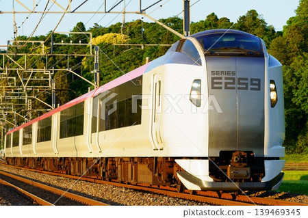The E259 series Shiosai train bathed in the setting sun. The E259 series Shiosai train bathed in the setting sun. 139469345