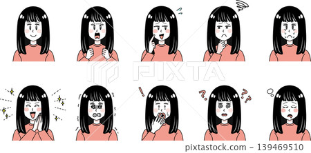 女孩臉部表情套裝：10 種（喜悅、憤怒、悲傷、快樂），黑髮，簡約設計。 139469510