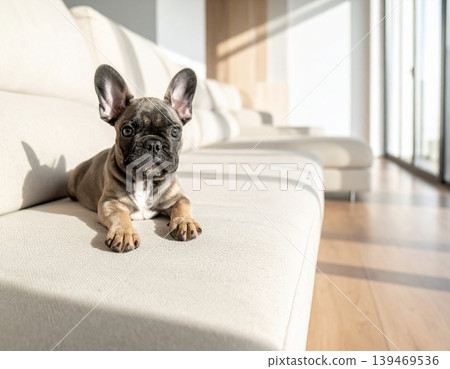 Charming French bulldog puppy resting peacefully on a sofa Charming French bulldog puppy resting peacefully on a sofa 139469536