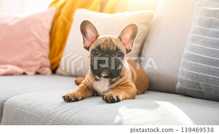 Charming French bulldog puppy resting peacefully on a cozy indoor sofa Charming French bulldog puppy resting peacefully on a cozy indoor sofa 139469538