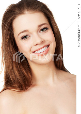 Skincare, natural beauty and portrait of happy woman with luxury skin, makeup and confidence in studio. Dermatology, cosmetics and facial care for model girl with smile isolated on white background. Skincare, natural beauty and portrait of happy woman with luxury skin, makeup and confidence in studio. Dermatology, cosmetics and facial care for model girl with smile isolated on white background. 139469624