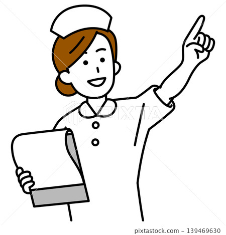 A female nurse points into the distance while looking at documents. A female nurse points into the distance while looking at documents. 139469630