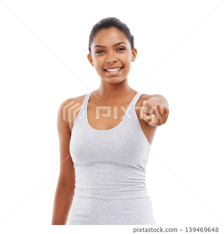 Pointing to you, fitness and woman with portrait, motivation and wellness isolated on white studio background. Person, hand gesture or model with exercise, decision and choice with feedback or option Pointing to you, fitness and woman with portrait, motivation and wellness isolated on white studio background. Person, hand gesture or model with exercise, decision and choice with feedback or option 139469648