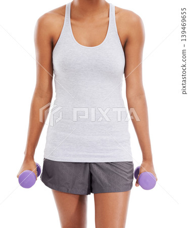 Woman, hands and dumbbells for weightlifting, exercise or workout against a white studio background. Closeup of female person with small weights for bodybuilding or muscle gain in fitness on mockup Woman, hands and dumbbells for weightlifting, exercise or workout against a white studio background. Closeup of female person with small weights for bodybuilding or muscle gain in fitness on mockup 139469655