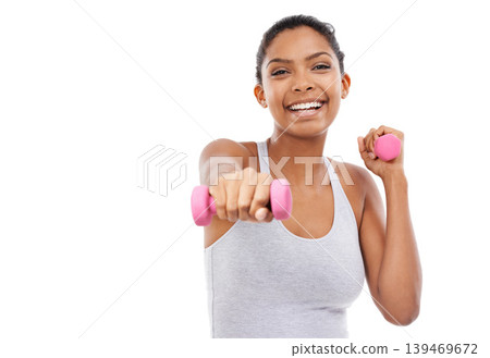 Fitness, excited woman and dumbbell in studio for health, exercise and workout or gym power. Portrait, bodybuilder or sports person in training and strong or muscle wellness on a a white background Fitness, excited woman and dumbbell in studio for health, exercise and workout or gym power. Portrait, bodybuilder or sports person in training and strong or muscle wellness on a a white background 139469672
