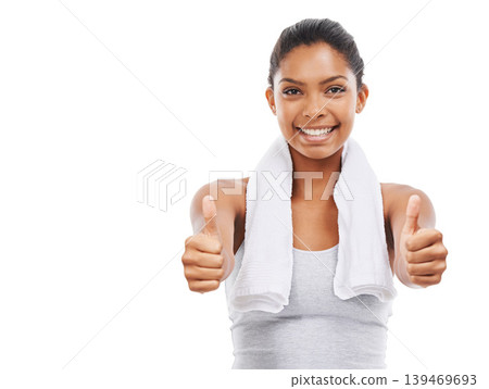 Fitness, thumbs up and woman in portrait for training success, workout achievement and winning hands in studio. Happy model and yes, OK and happy workout results or like emoji on a white background Fitness, thumbs up and woman in portrait for training success, workout achievement and winning hands in studio. Happy model and yes, OK and happy workout results or like emoji on a white background 139469693