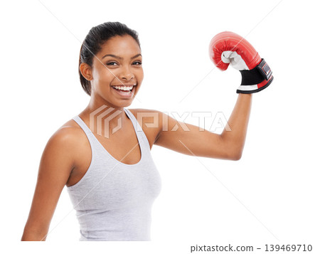Portrait, boxer and glove with woman, flex and exercise isolated on a white studio background. Face, person and challenge with wellness, boxing and mma training with performance, energy or workout Portrait, boxer and glove with woman, flex and exercise isolated on a white studio background. Face, person and challenge with wellness, boxing and mma training with performance, energy or workout 139469710
